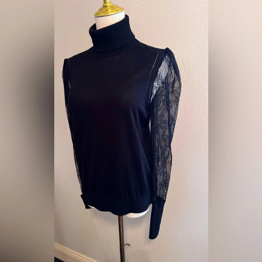 EQUIPMENT Femme Black Wool Silk Turtleneck Sweater Sheer Lace Sleeves Long Cuffs